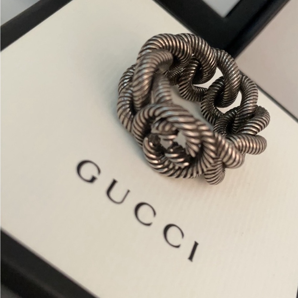 GUCCI UNISEX INTERLOCKING G GOURMETTE STERLING SILVER RING AUTHENTIC πππ - Picture 9 of 15